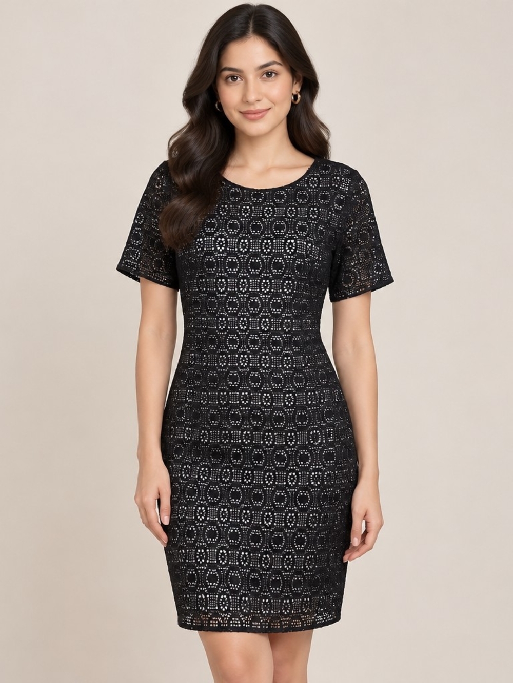 Andrew Marc Black Crochet Lace Sheath Dress